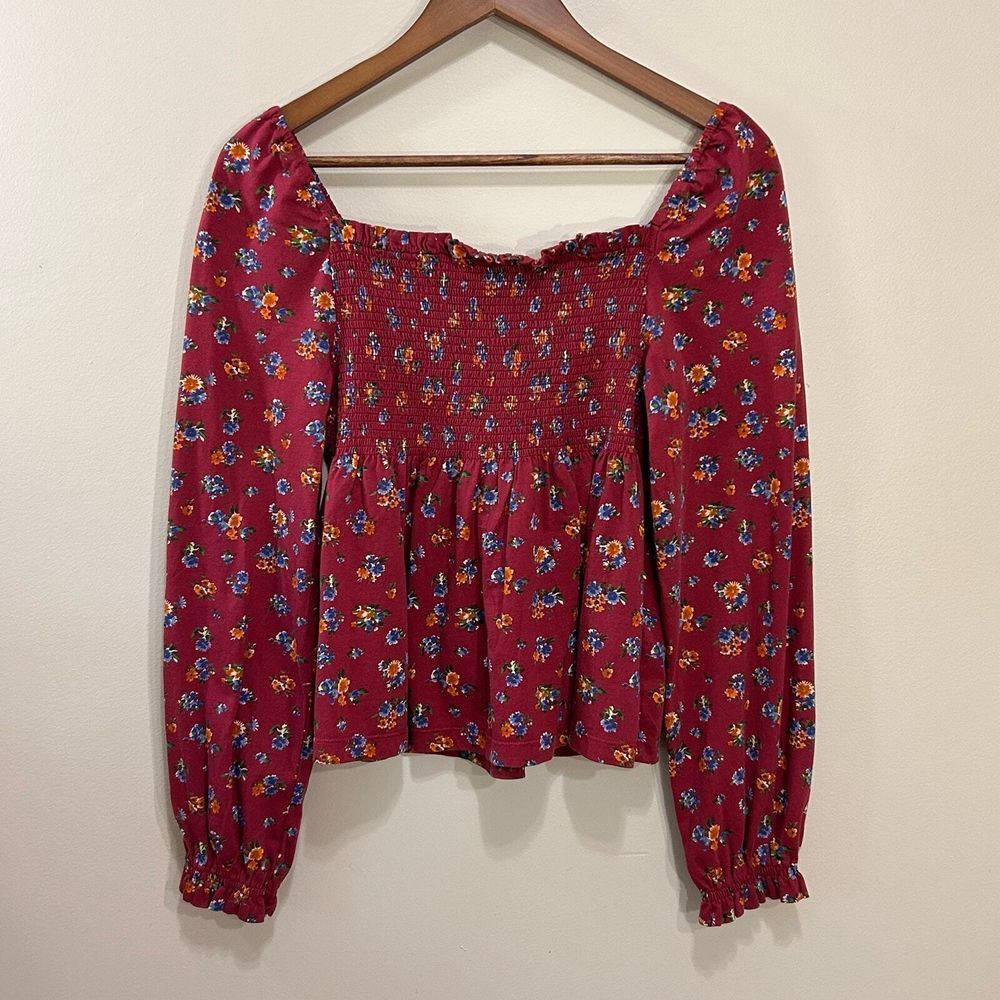 Polo Ralph Lauren Girls Top Size 5 Burgundy Floral Smocked Square Neck Blouse